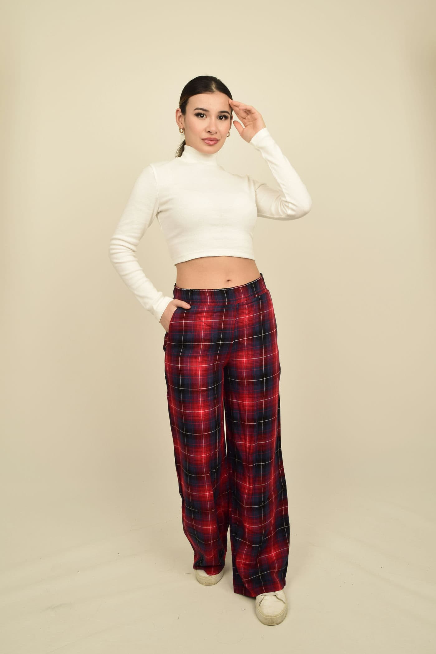 Kırmızı Ekoseli Geniş Paça Bel Lastikli Cepli Pantalon Görsel 3