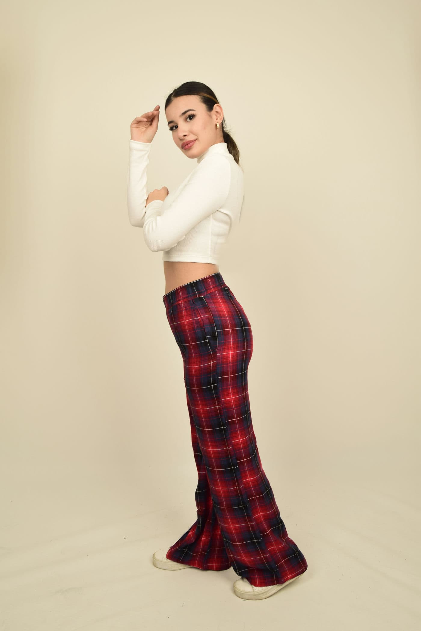 Kırmızı Ekoseli Geniş Paça Bel Lastikli Cepli Pantalon