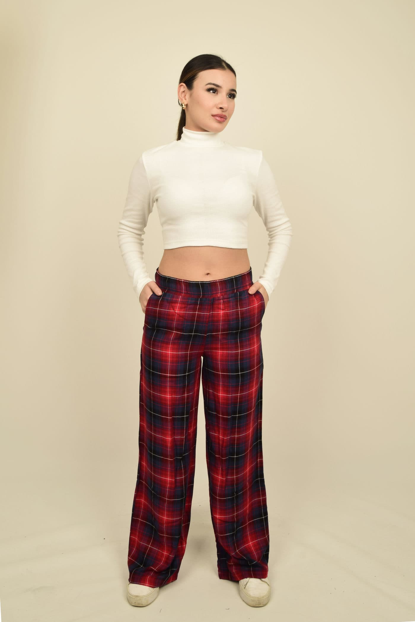 Kırmızı Ekoseli Geniş Paça Bel Lastikli Cepli Pantalon Görsel 2