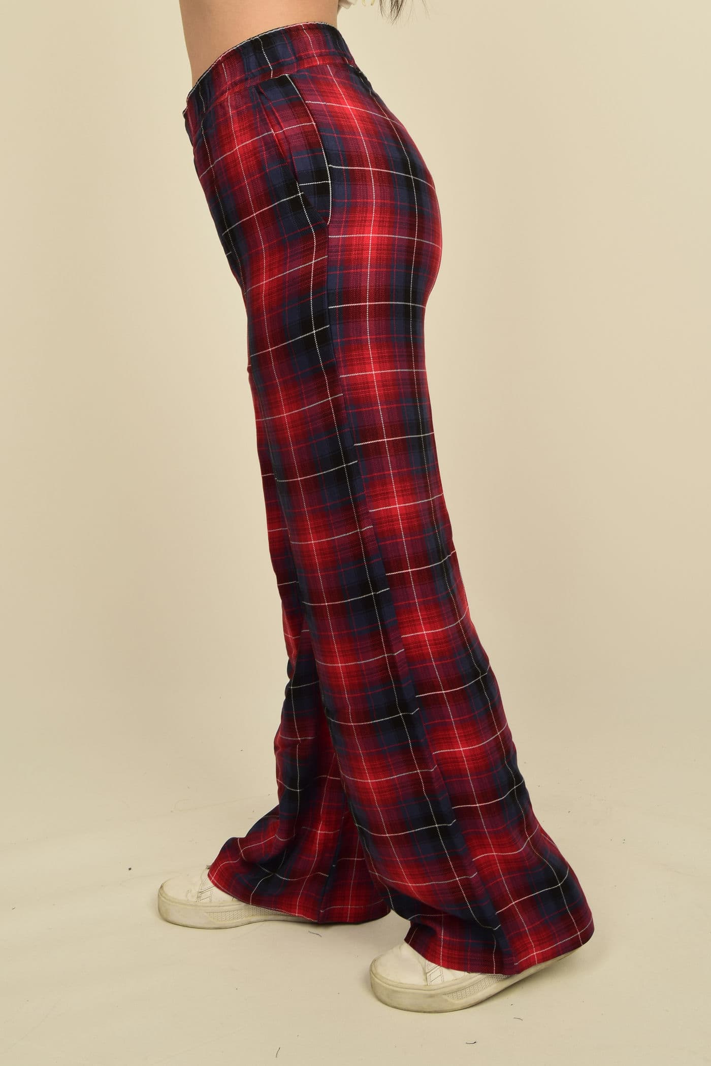 Kırmızı Ekoseli Geniş Paça Bel Lastikli Cepli Pantalon Görsel 6
