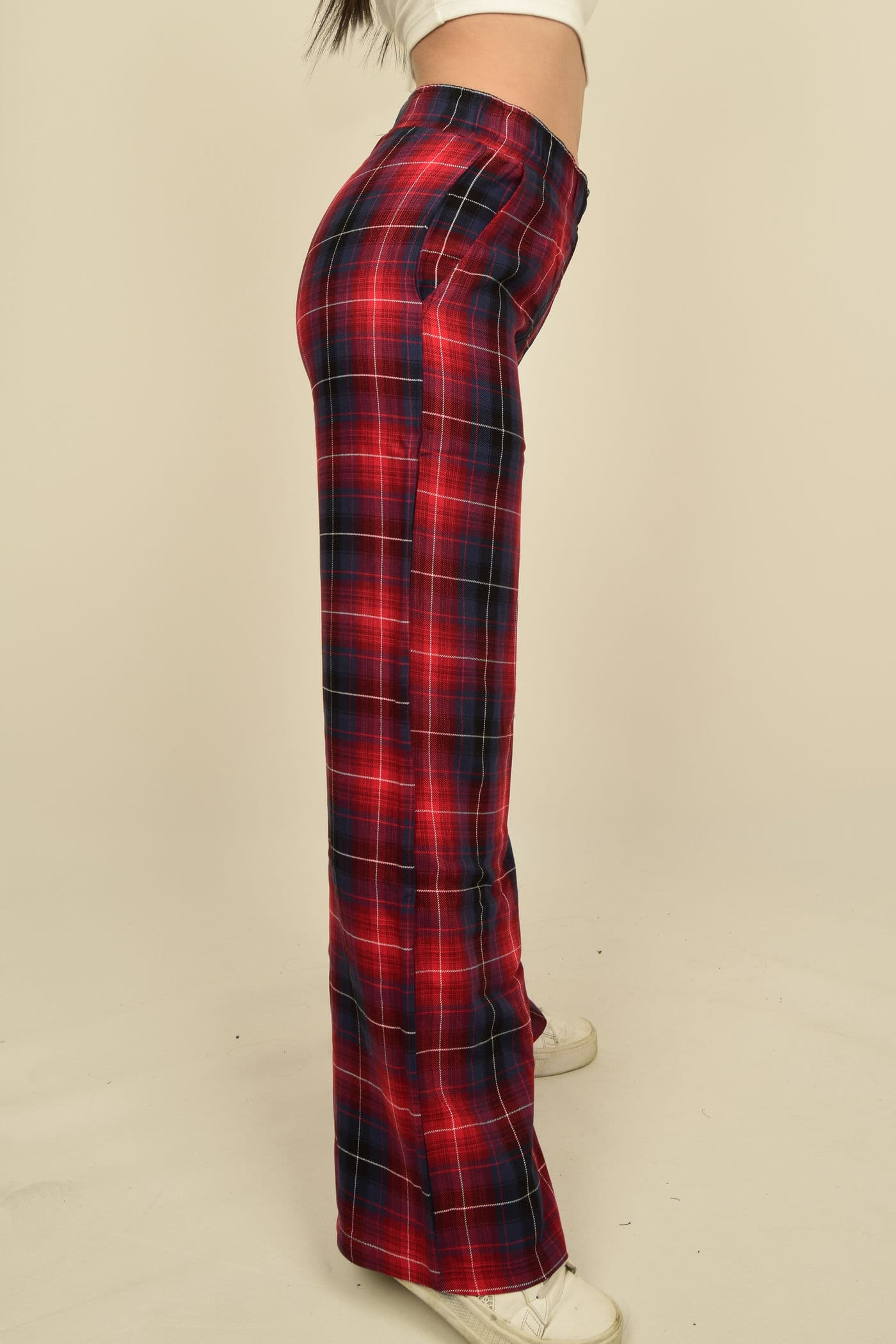 Kırmızı Ekoseli Geniş Paça Bel Lastikli Cepli Pantalon Görsel 5