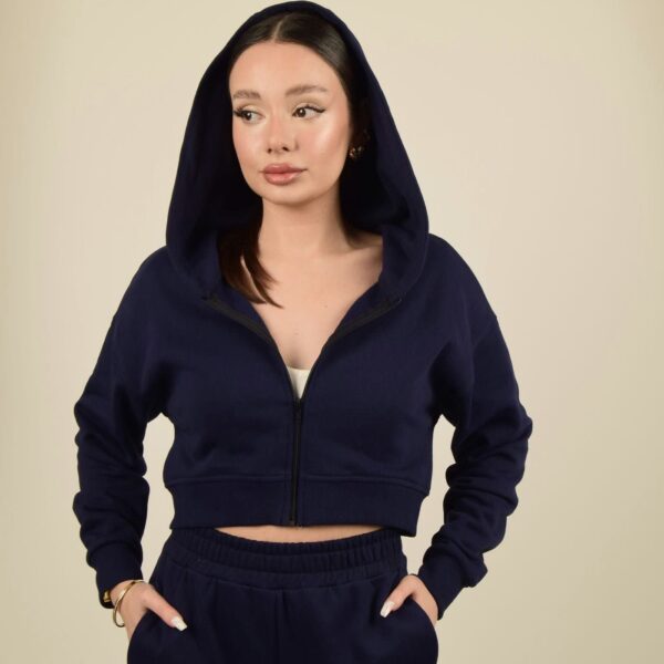 Lacivert Fermuarlı Kapüşonlu Crop Sweatshirt