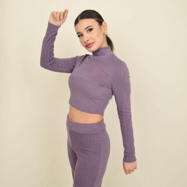 Lila Yumuşak Dokulu Kadife Uzun Kollu Dik Yakalı Crop Body