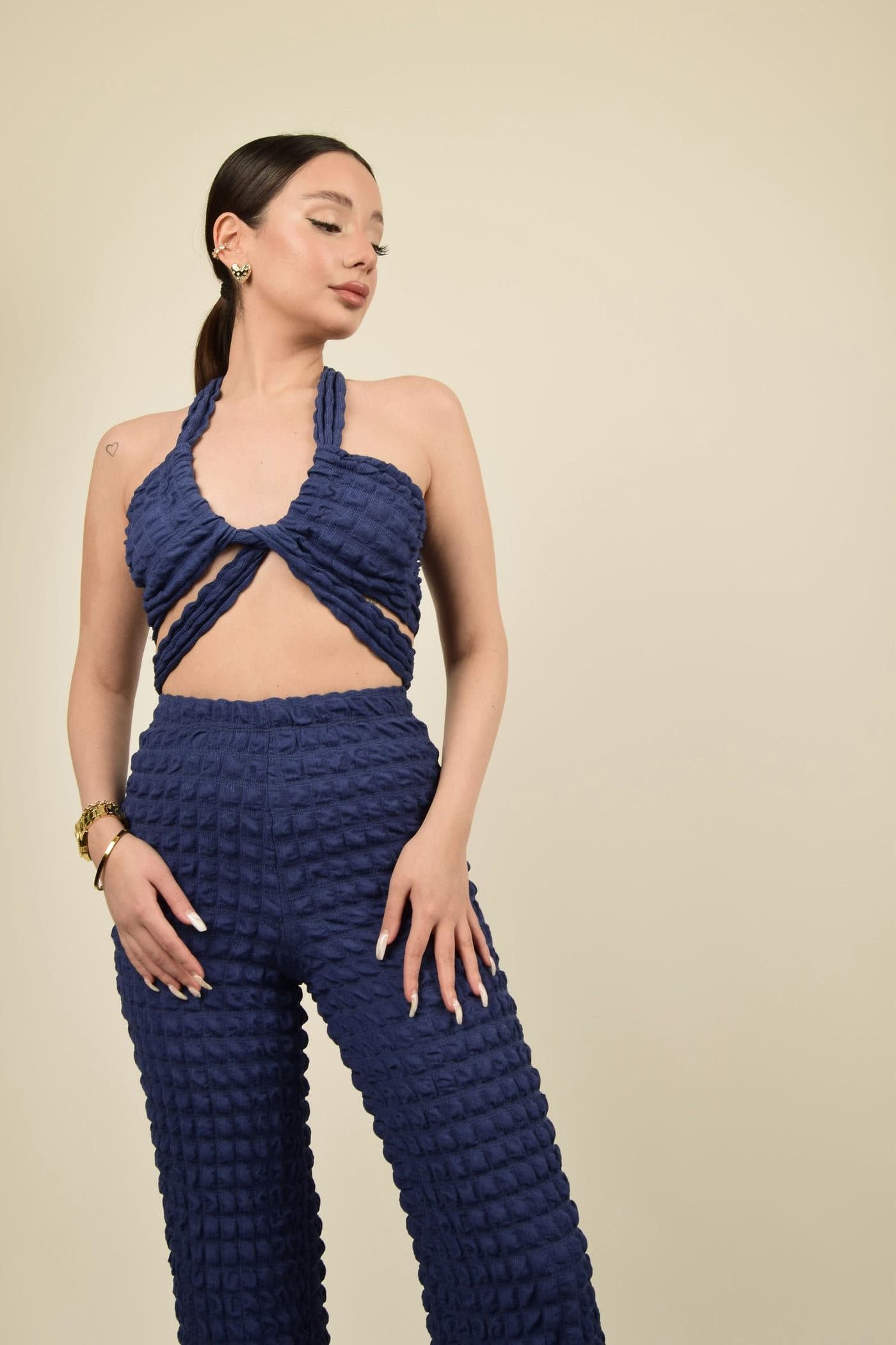 Saks Mavi Gofreli Bağcıklı Büstiyer Crop Görsel 2