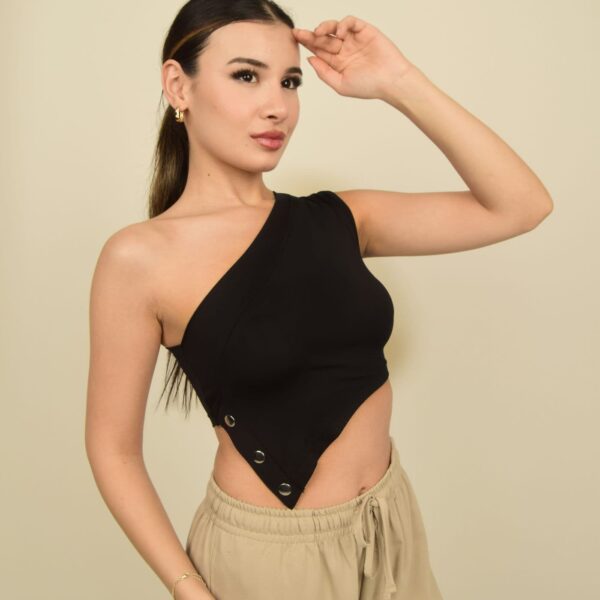 Siyah Tek Omuz Asimetrik Çıt çıt Detaylı Poliamid Süprem Crop Top Body