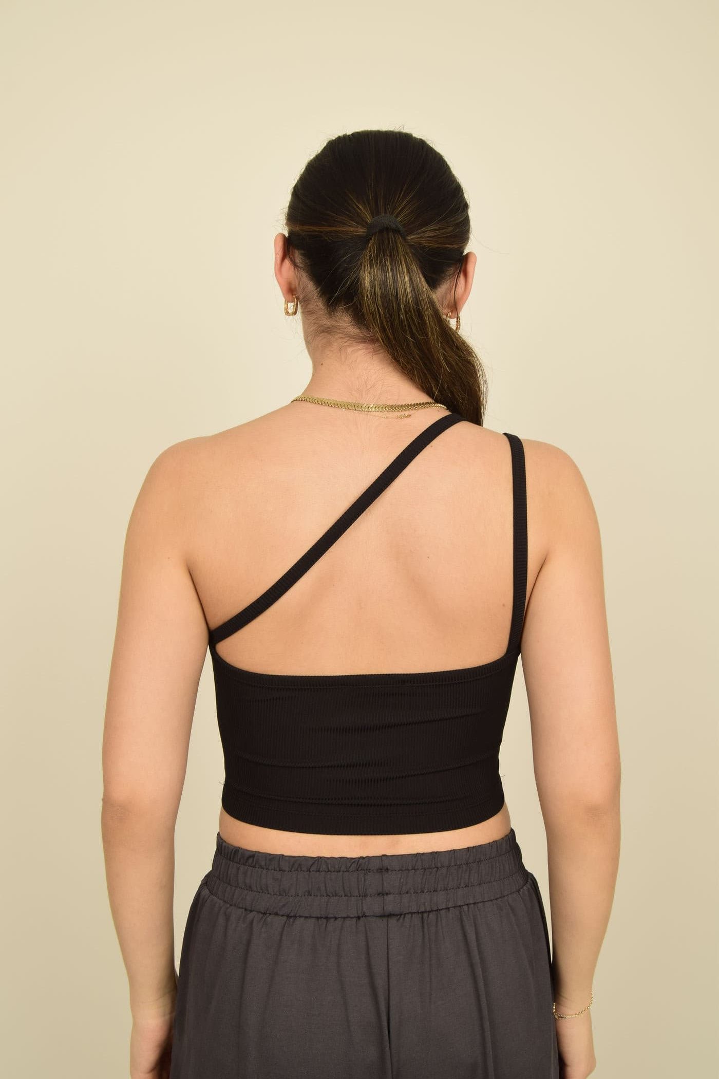 Siyah Tek Omuz Sırt Dekolteli Kaşkorse Crop Body Görsel 3