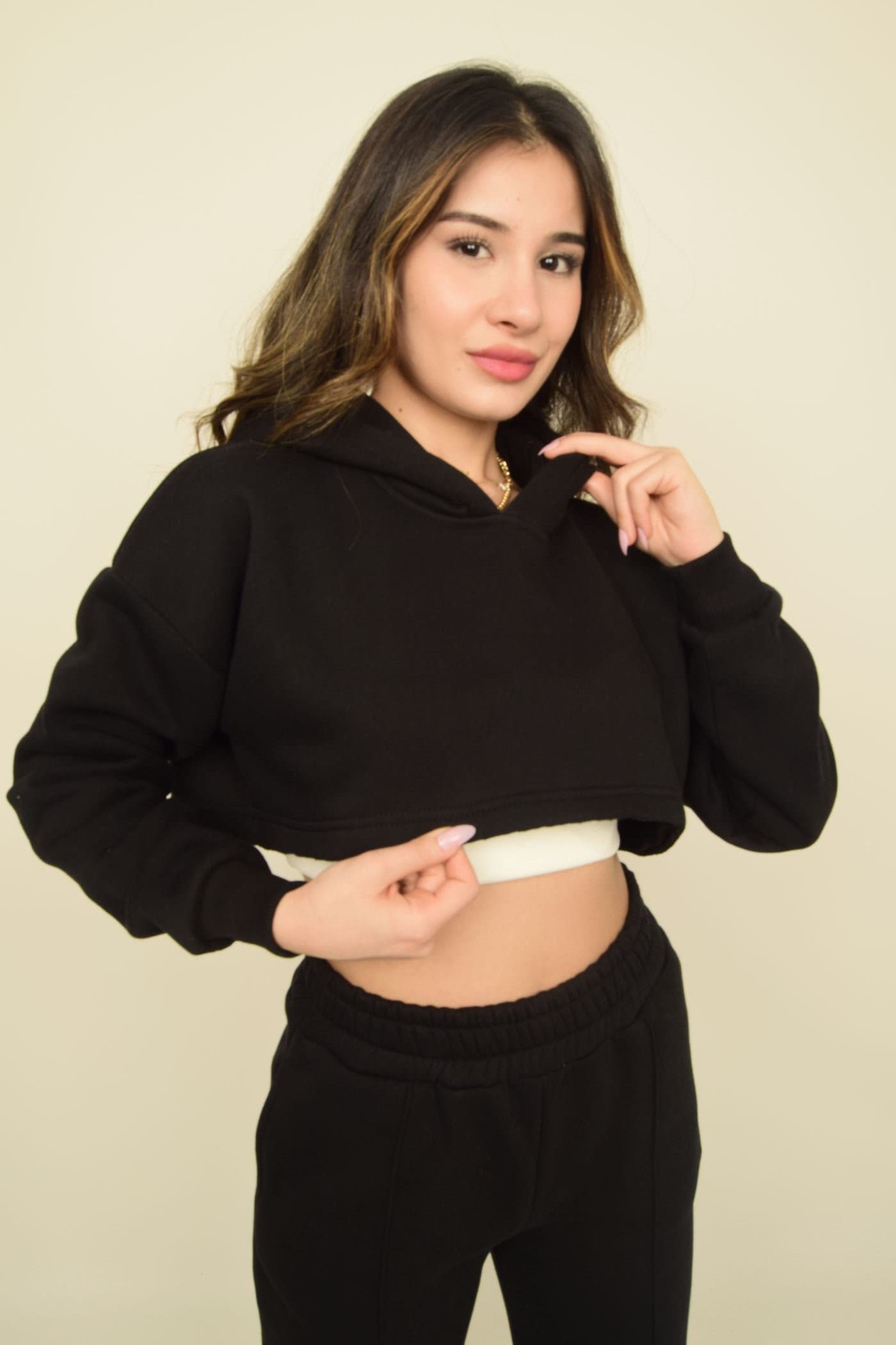 Kapüşonlu Şardonlu Crop Sweatshirt Görsel 7
