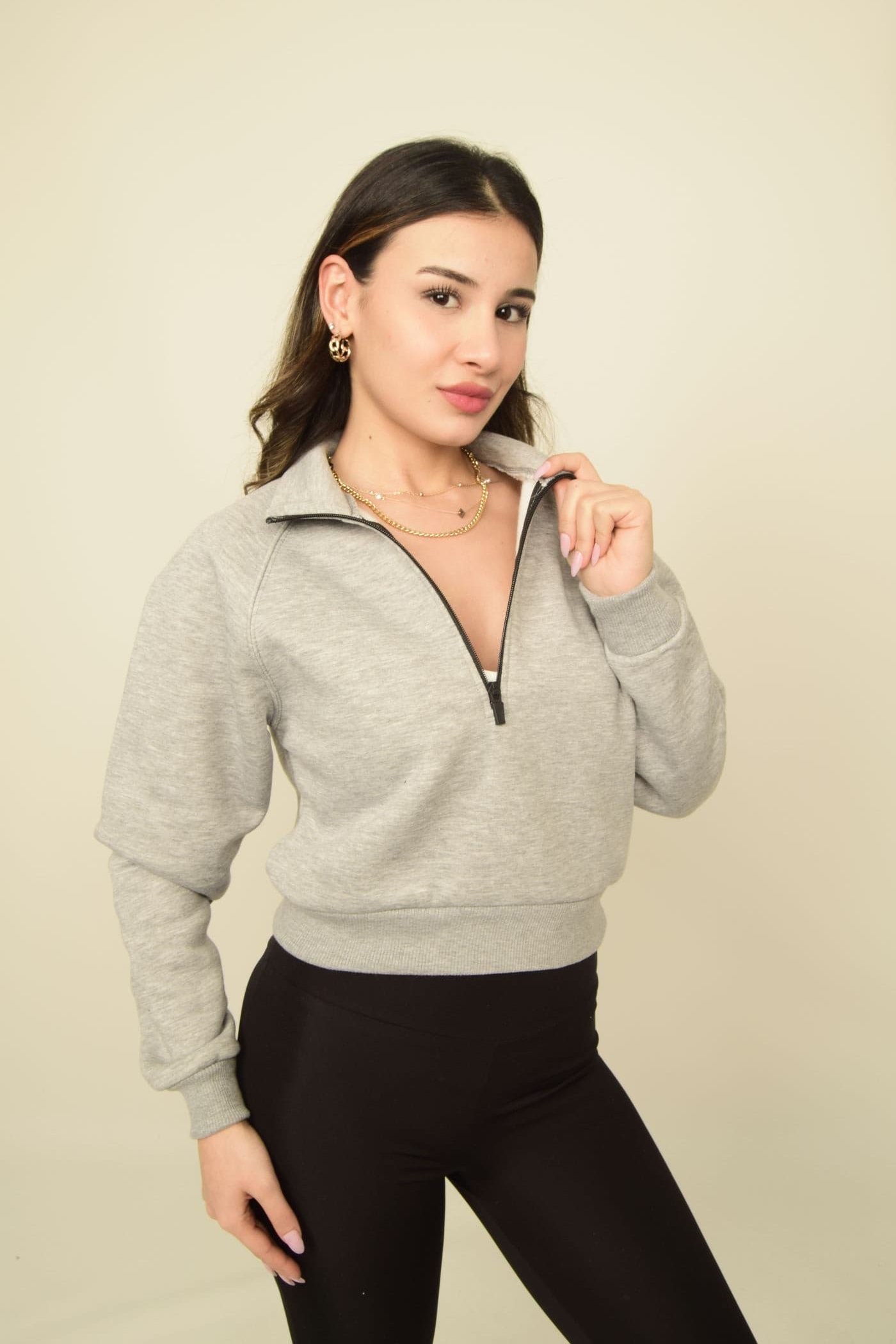 Gri Melanj Dik Yakalı Fermuar Detaylı Crop Sweatshirt Görsel 2