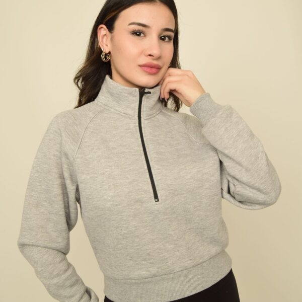 Gri Melanj Dik Yakalı Fermuar Detaylı Crop Sweatshirt