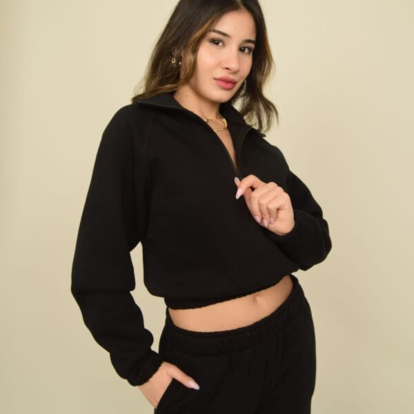 Siyah Dik Yakalı Fermuarlı Crop Sweatshirt