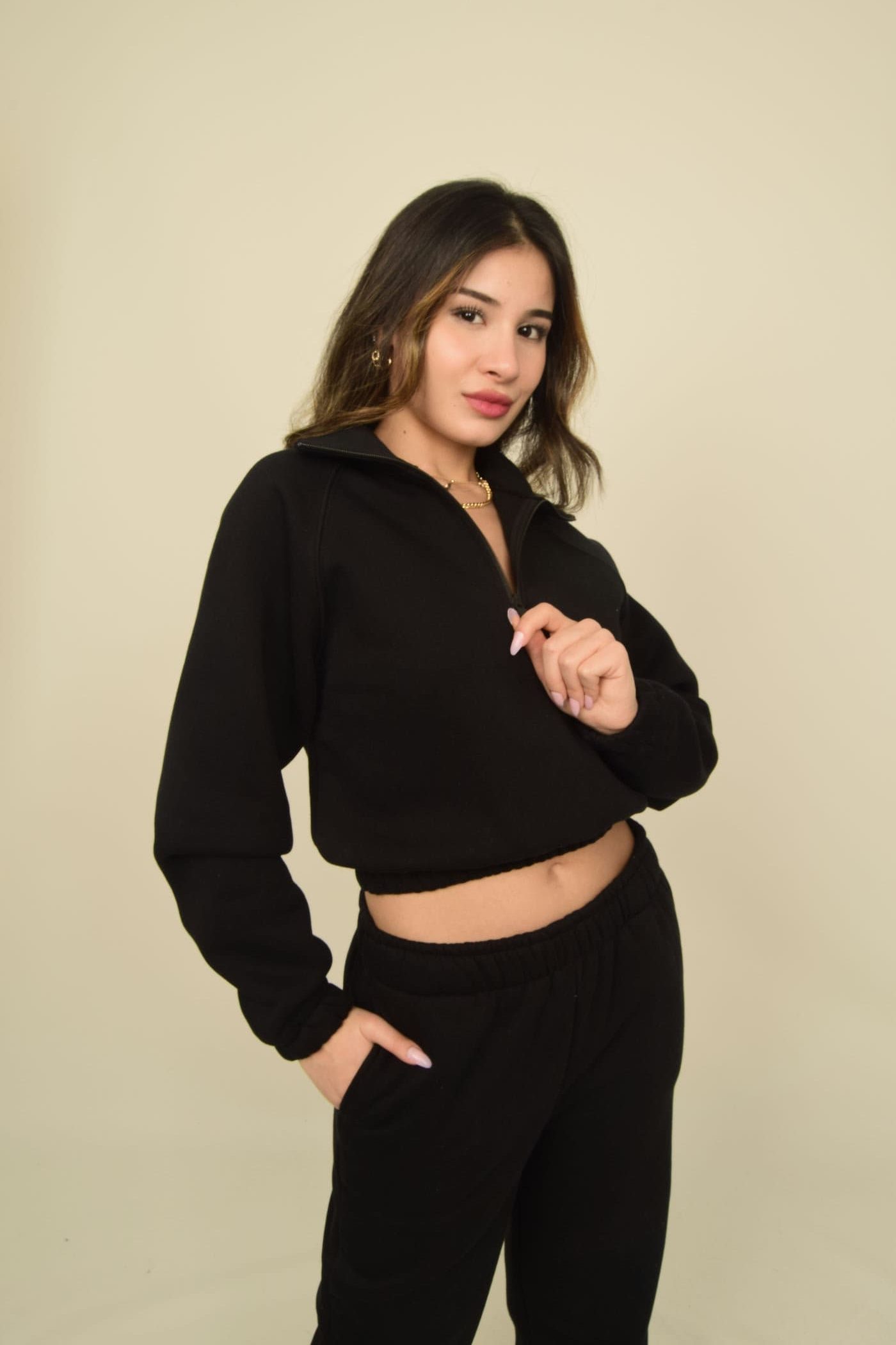 Siyah Dik Yakalı Fermuarlı Crop Sweatshirt Görsel 4