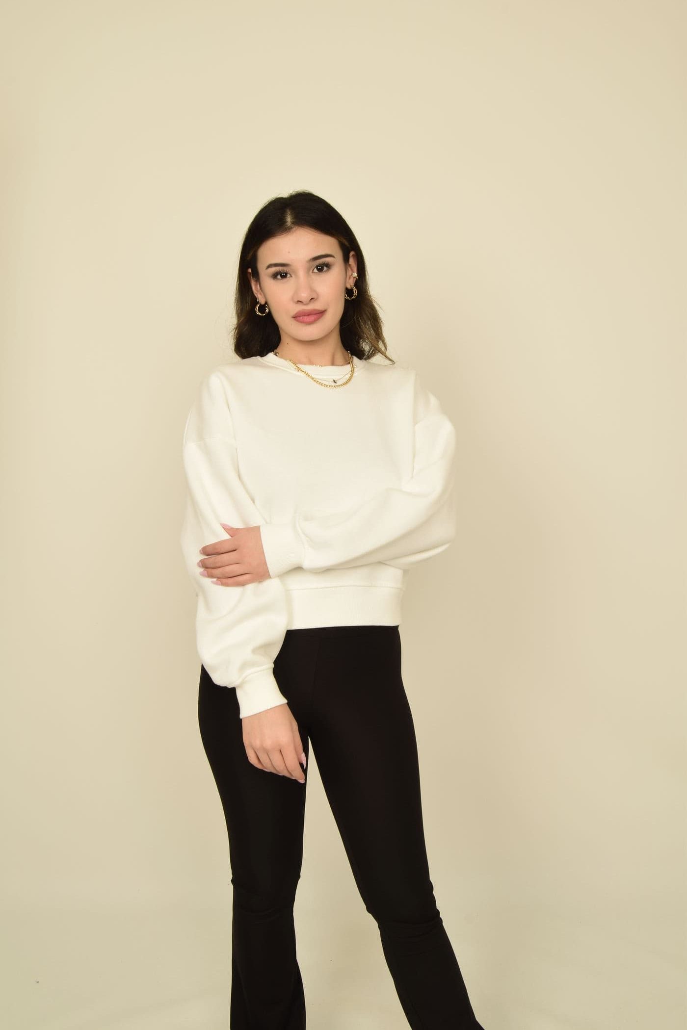 Ekru Bisiklet Yaka Oversize Crop Basic Sweatshirt
