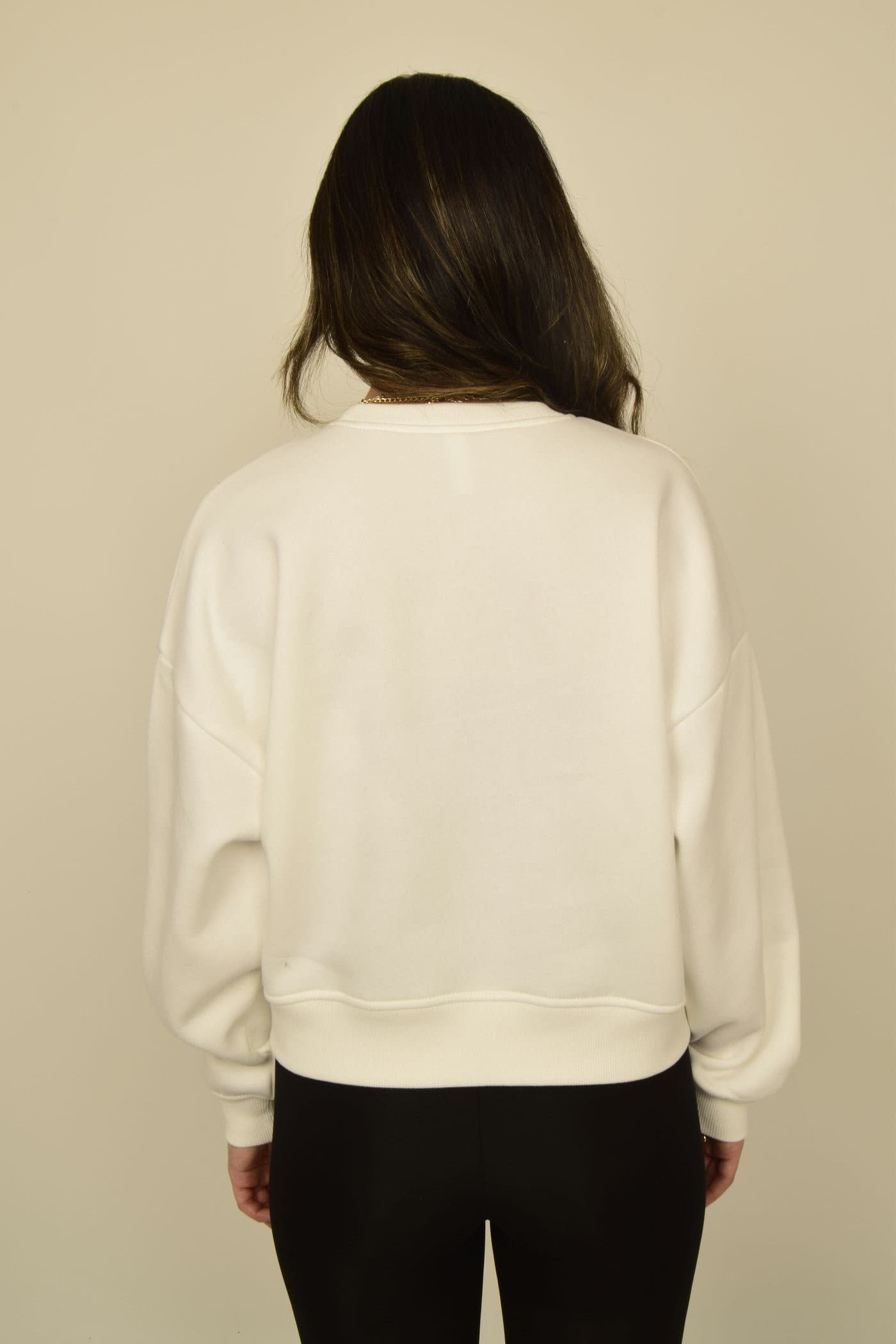 Ekru Bisiklet Yaka Oversize Crop Basic Sweatshirt Görsel 6