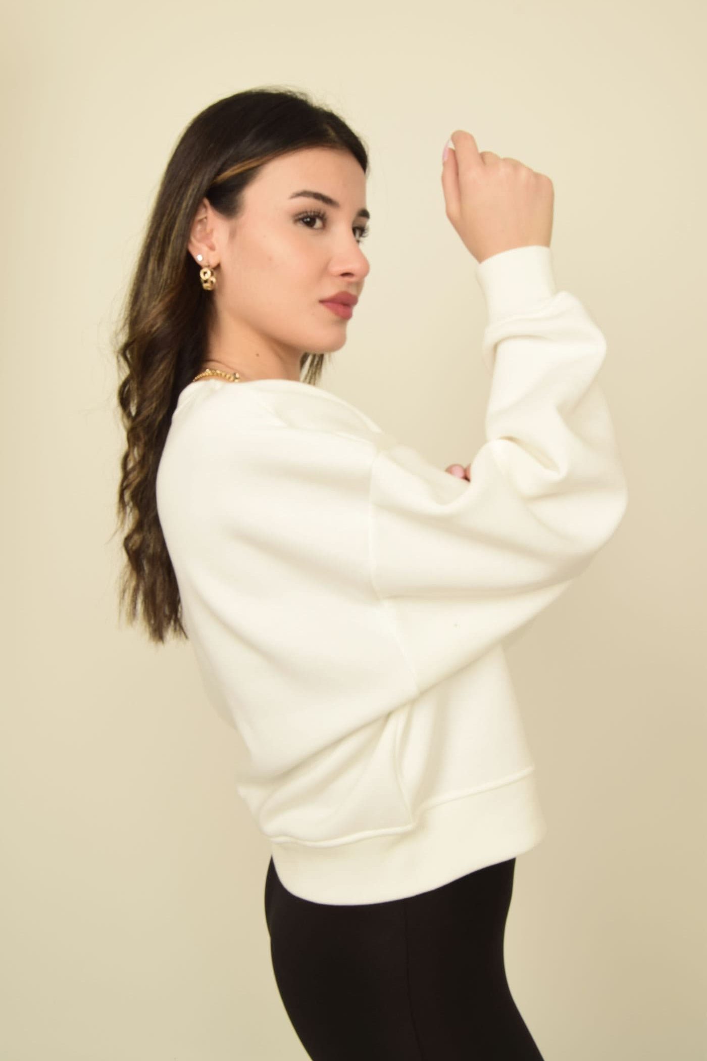 Ekru Bisiklet Yaka Oversize Crop Basic Sweatshirt Görsel 4