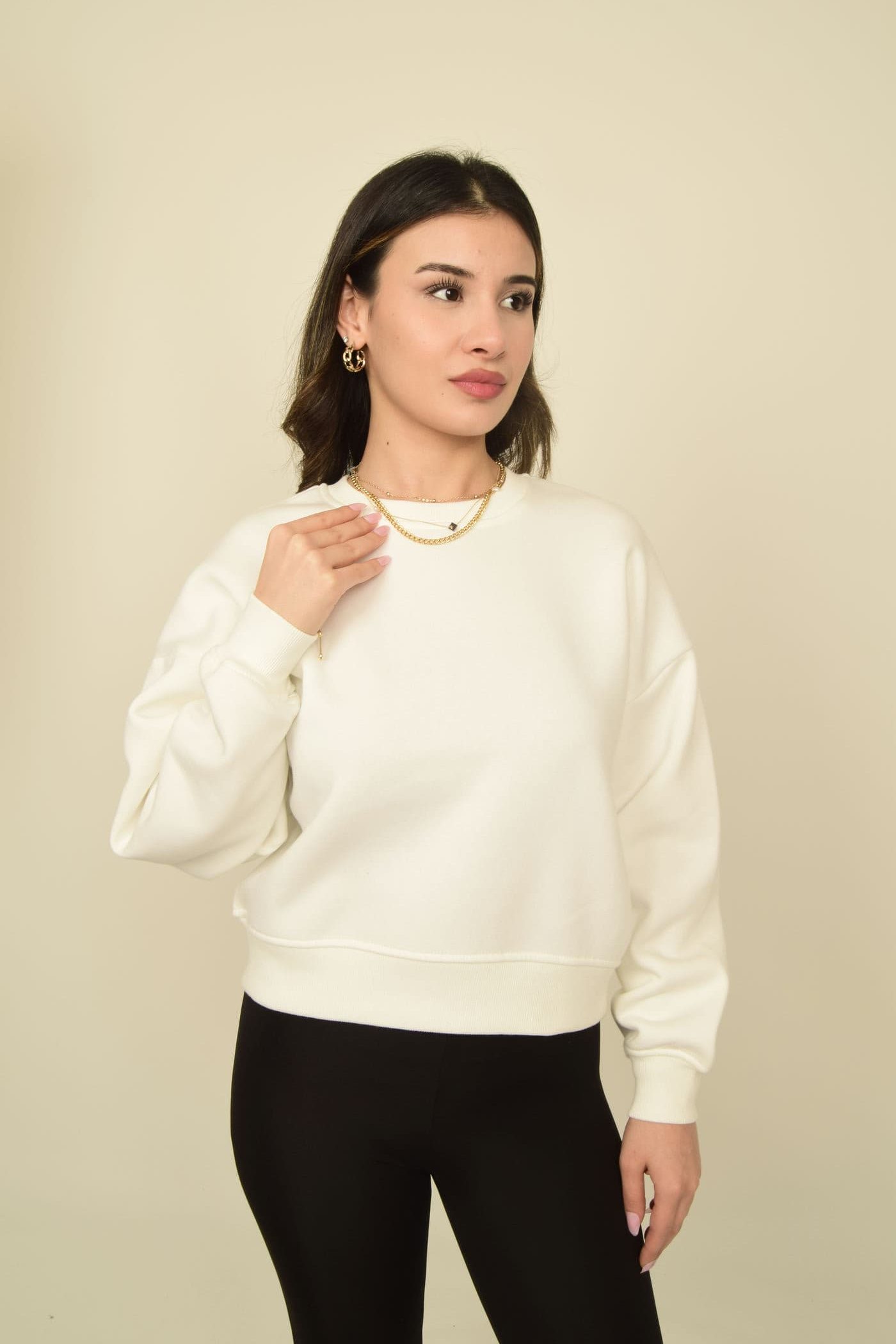 Ekru Bisiklet Yaka Oversize Crop Basic Sweatshirt Görsel 3