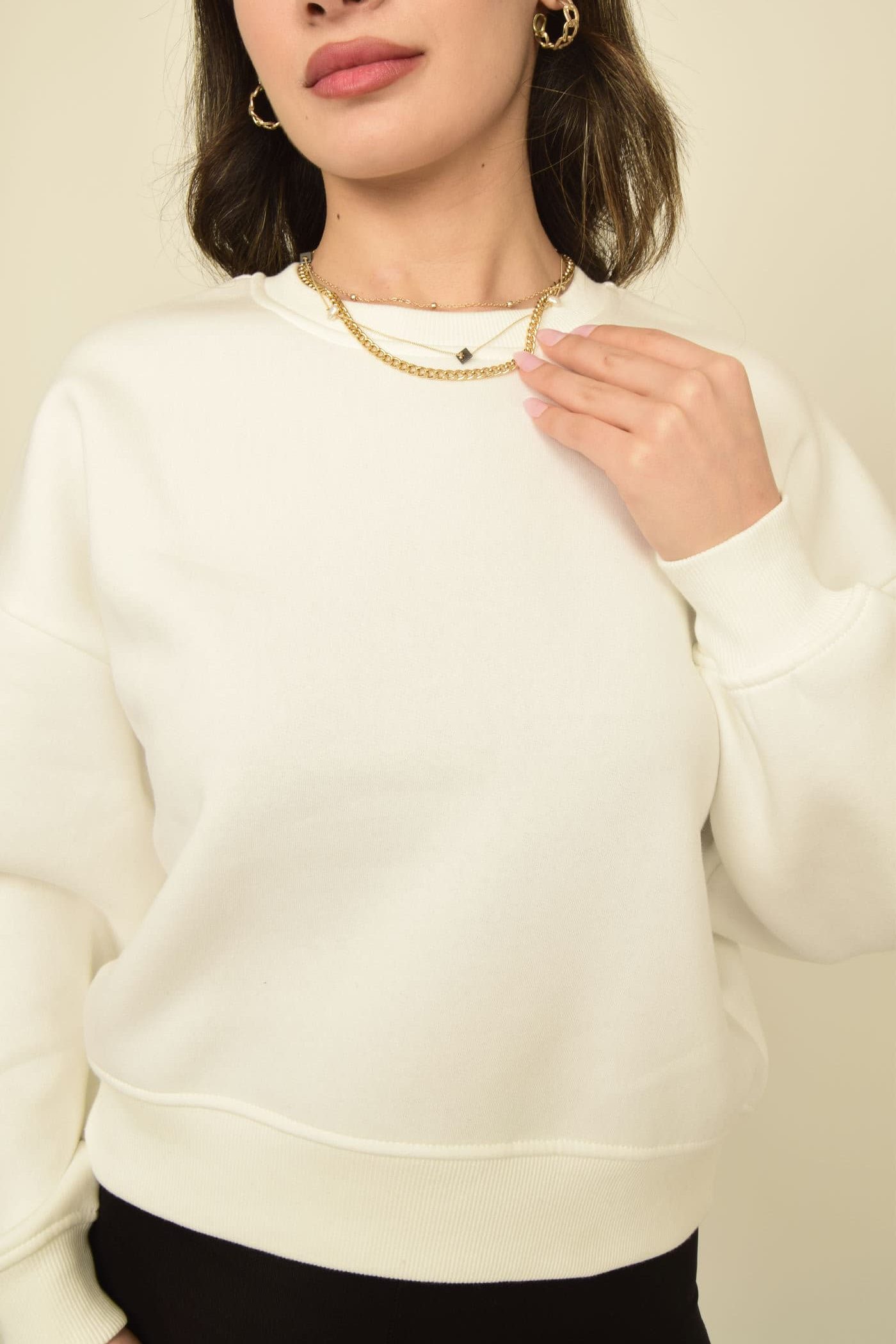 Ekru Bisiklet Yaka Oversize Crop Basic Sweatshirt Görsel 5