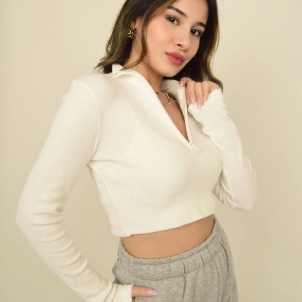 Ekru Fermuarlı Dik Yakalı Uzun Kollu Kaşkorse Crop Body