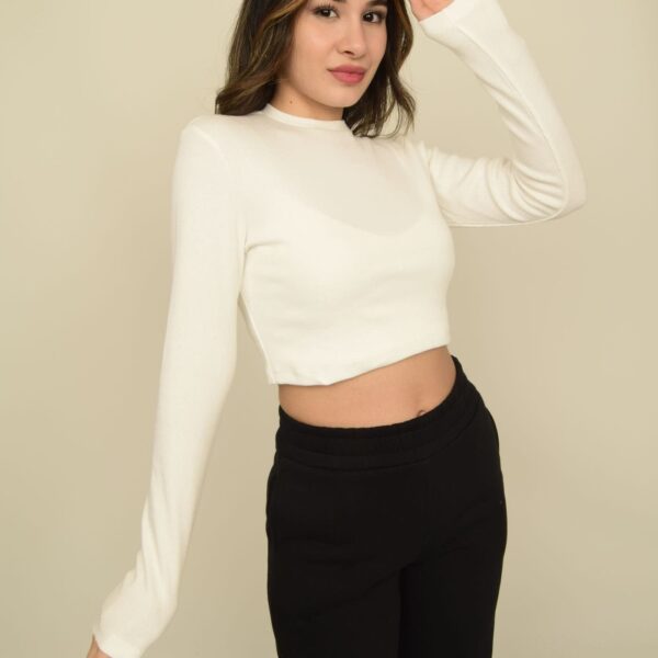 Ekru Bisiklet Yaka Basic Uzun Kollu Kaşkorse Crop Body
