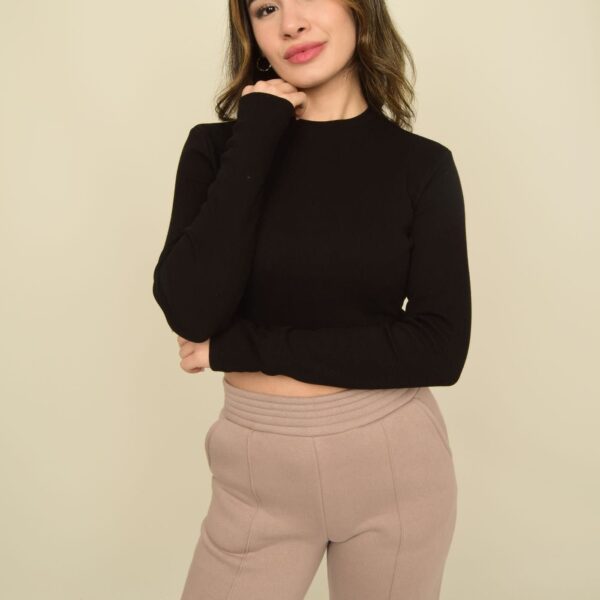 Siyah Bisiklet Yaka Basic Uzun Kollu Kaşkorse Crop Body