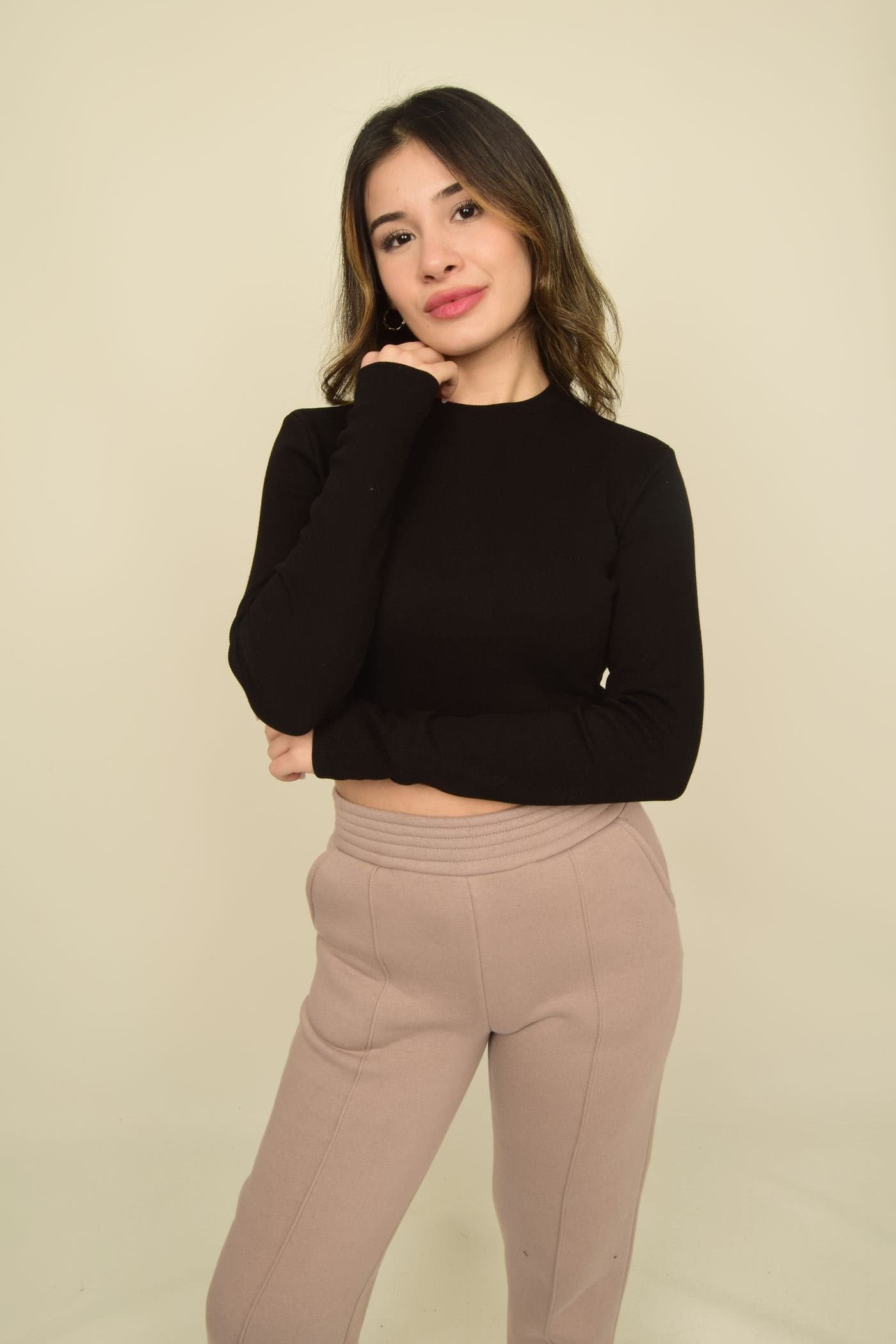 Siyah Bisiklet Yaka Basic Uzun Kollu Kaşkorse Crop Body