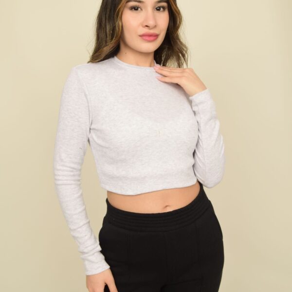 Gri Melanj Bisiklet Yaka Basic Uzun Kollu Kaşkorse Crop Body